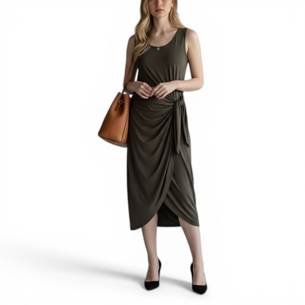 Calvin Klein Faux Wrap Midi Dress Size 12 Green Sleeveless NWT